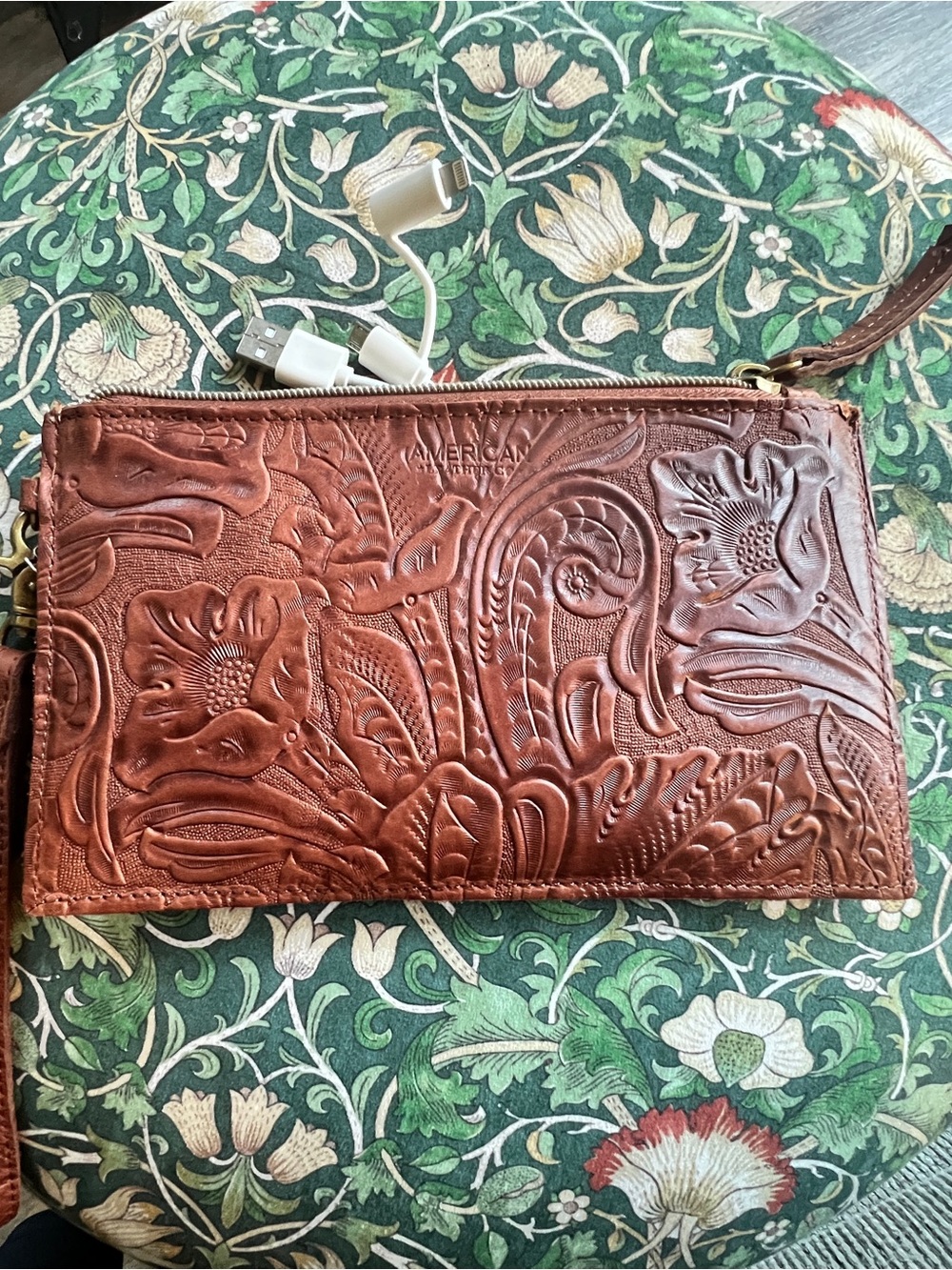 American Leather Floral Tooled Wristlet - Brown